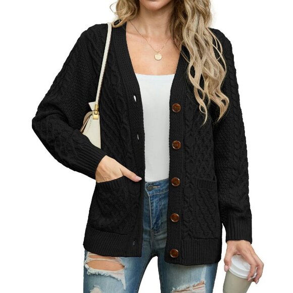Sweaters - Long Sleeve Cable Knit Cardigan with Pockets, Loose Fit, 100% Acrylic